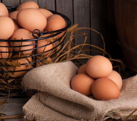 Huevos en cesta sobre paja